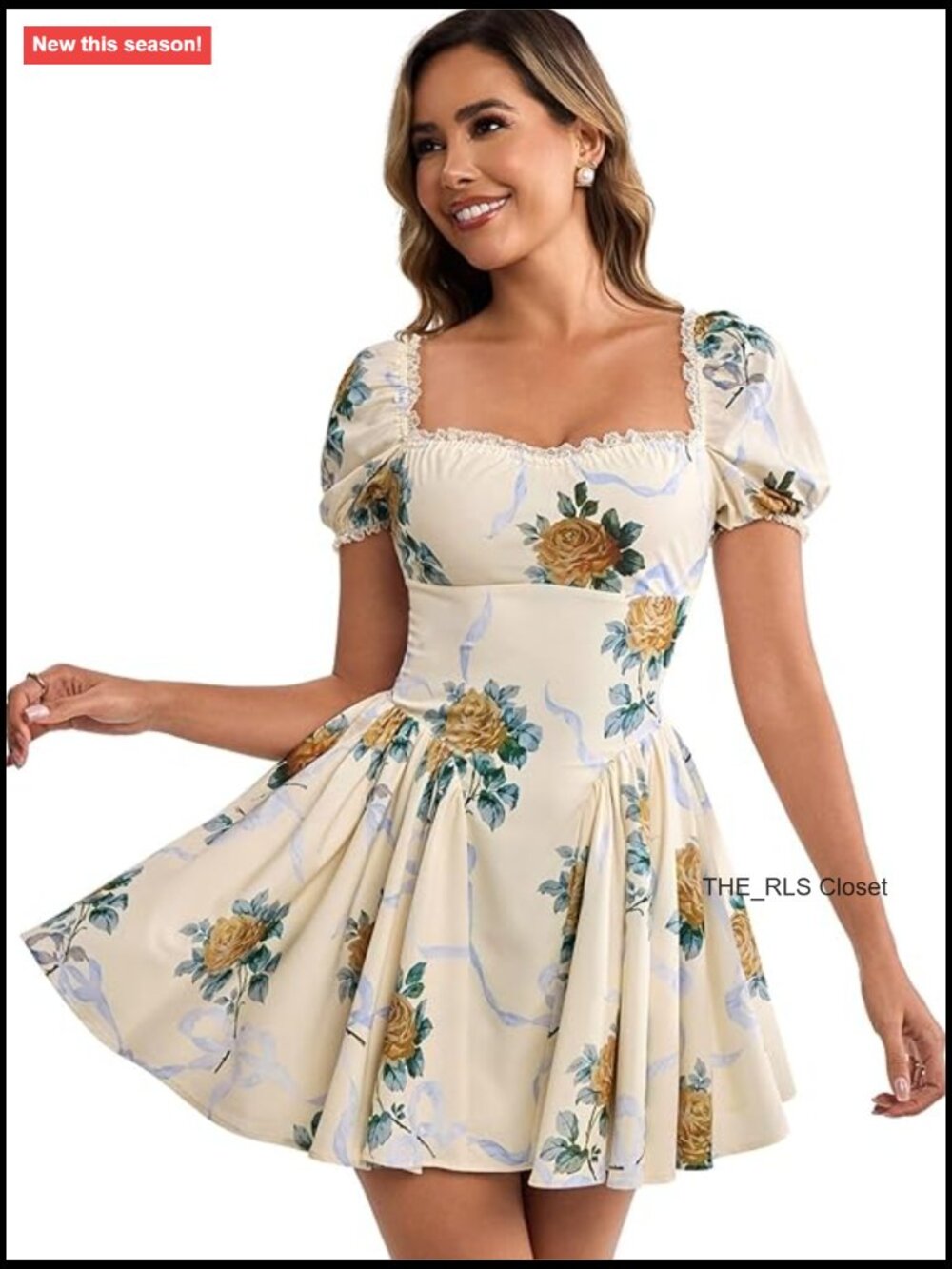 Floral Square Neck Mini Dress Lace Puff Sleeve Off Shoulder Smocked A-Line